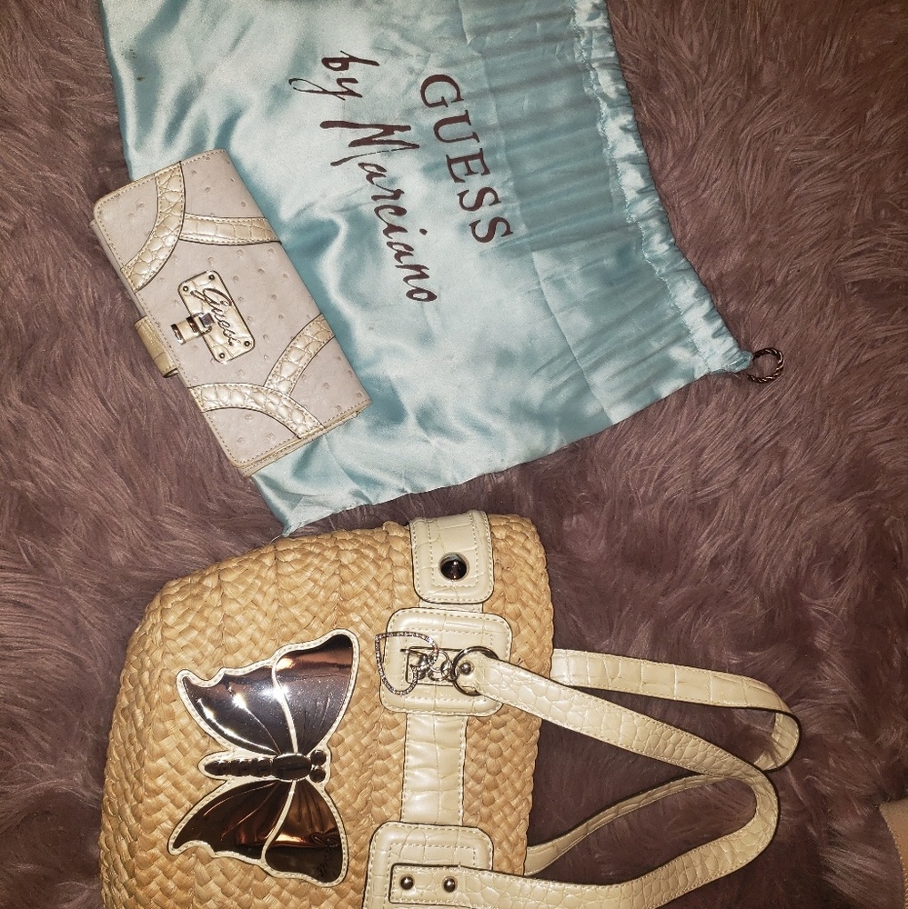 New GUESS BUTTERFLY WICKER wallet dust bag